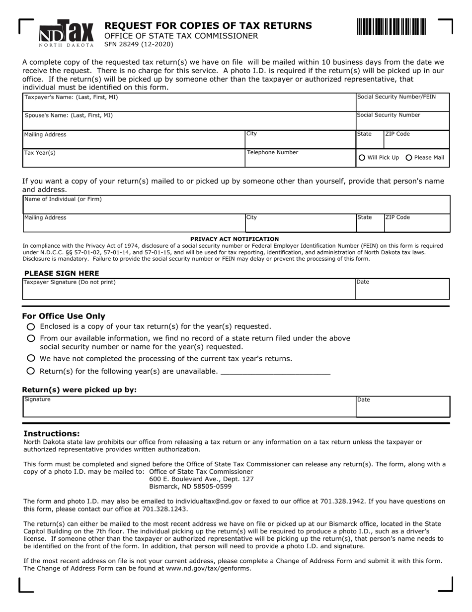 Form SFN28249 Request for Copies of Tax Returns - North Dakota, Page 1