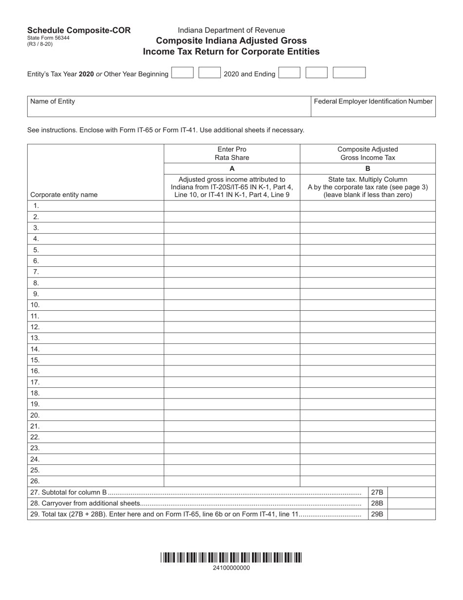 State Form 56344 Schedule COMPOSITE-COR Composite Indiana Adjusted Gross Income Tax Return for Corporate Entities - Indiana, Page 1