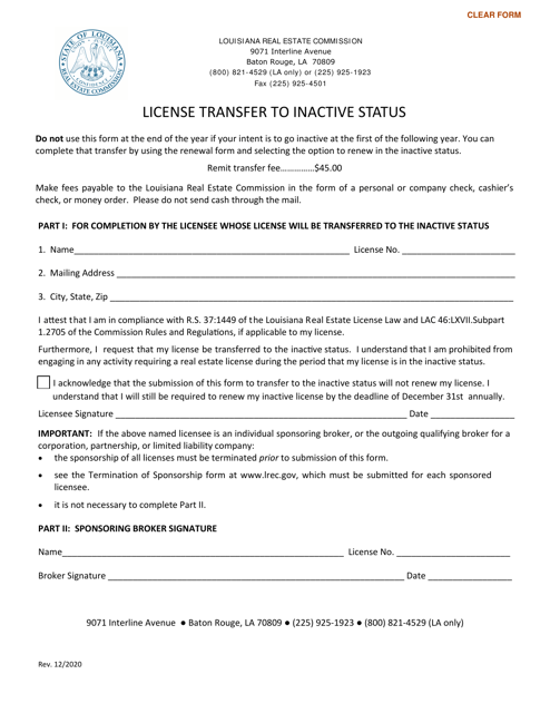 License Transfer to Inactive Status - Louisiana Download Pdf