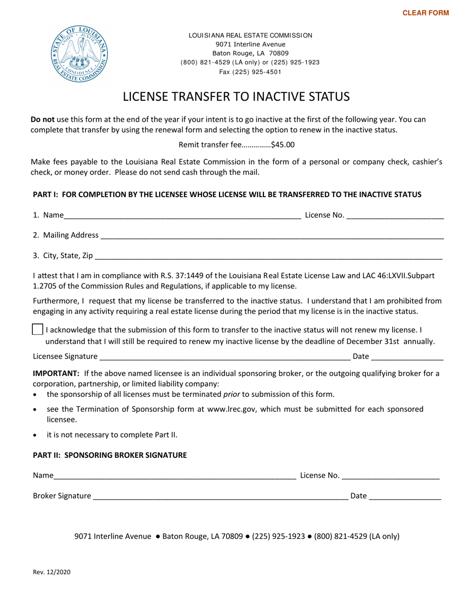 License Transfer to Inactive Status - Louisiana, Page 1