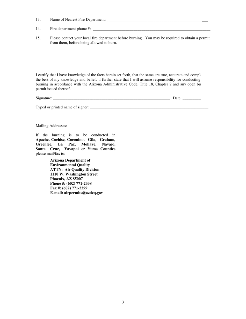 Open Burning Permit Application - Arizona, Page 3