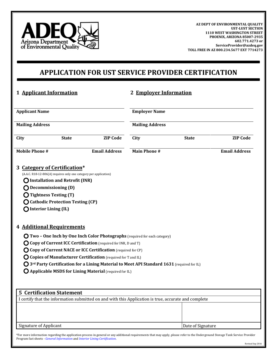 Application for Ust Service Provider Certification - Arizona, Page 1