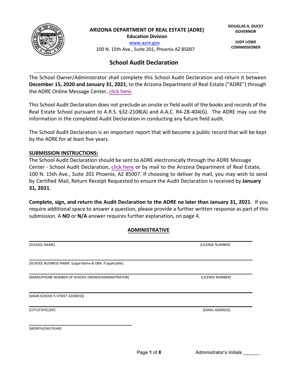 School Audit Declaration - Arizona, Page 1