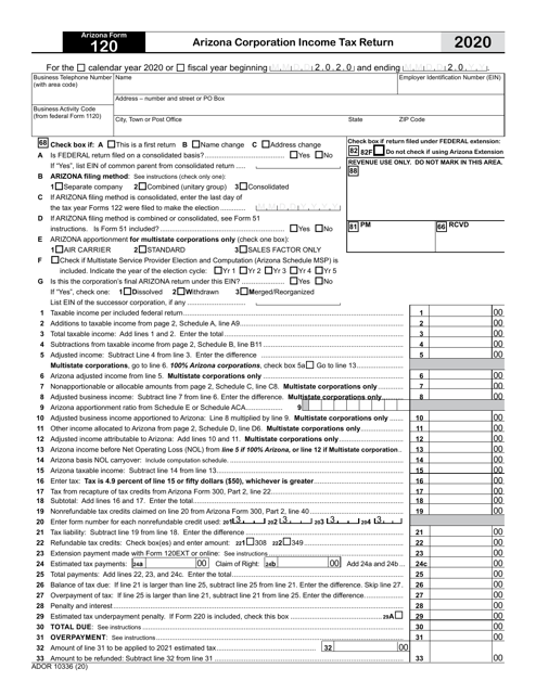 Arizona Form 120 (ADOR10336) 2020 Printable Pdf