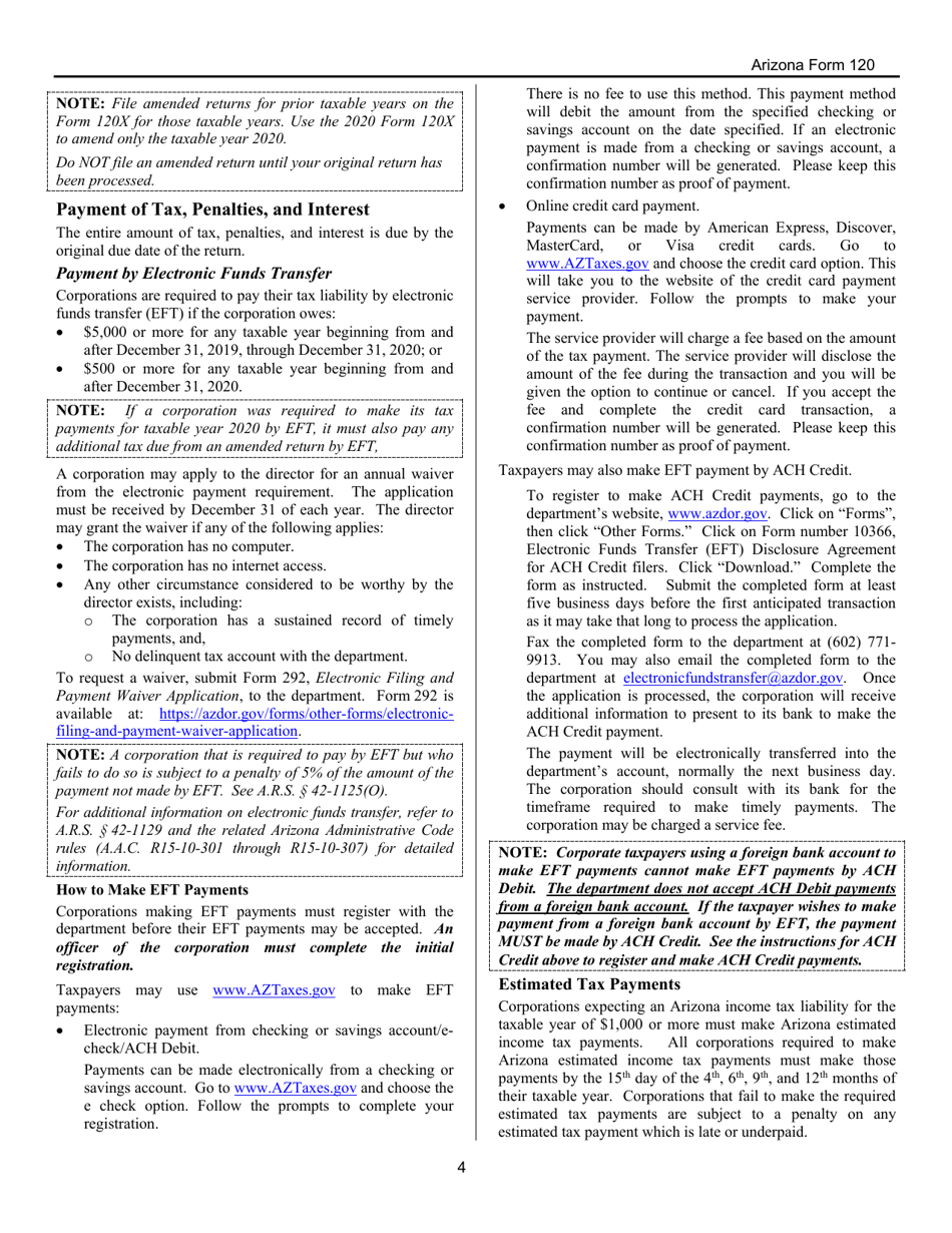 Download Instructions For Arizona Form 120 Ador10336 Arizona Corporation Income Tax Return Pdf 6018