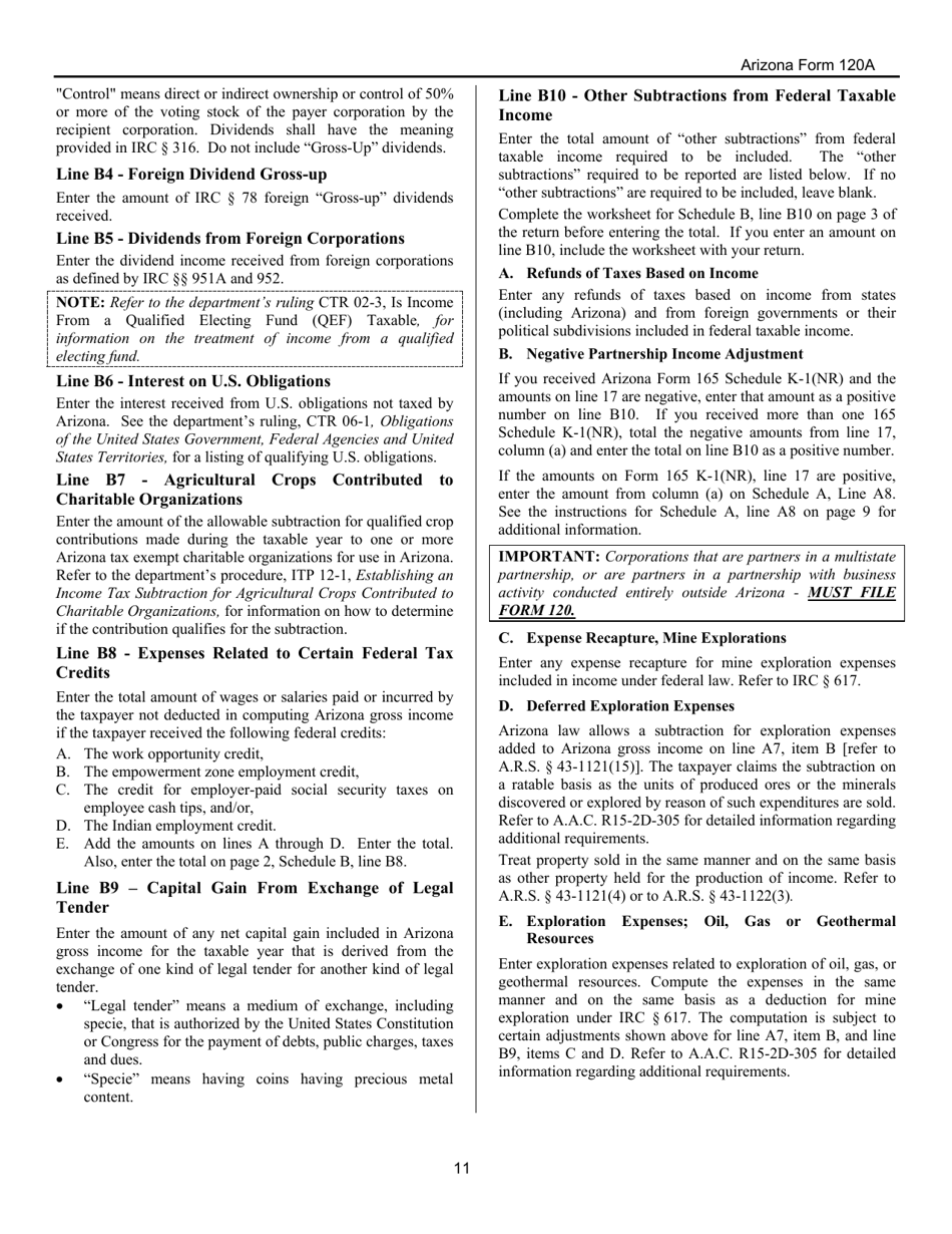 Instructions for Arizona Form 120A, ADOR10949 Arizona Corporation Income Tax Return (Short Form) - Arizona, Page 11