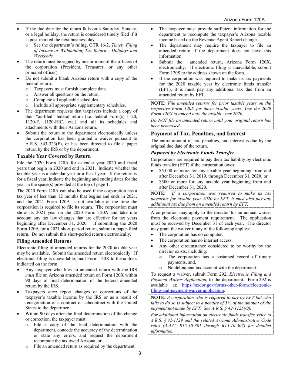 Instructions for Arizona Form 120A, ADOR10949 Arizona Corporation Income Tax Return (Short Form) - Arizona, Page 3