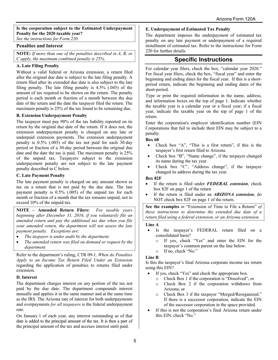 Instructions for Arizona Form 120A, ADOR10949 Arizona Corporation Income Tax Return (Short Form) - Arizona, Page 5