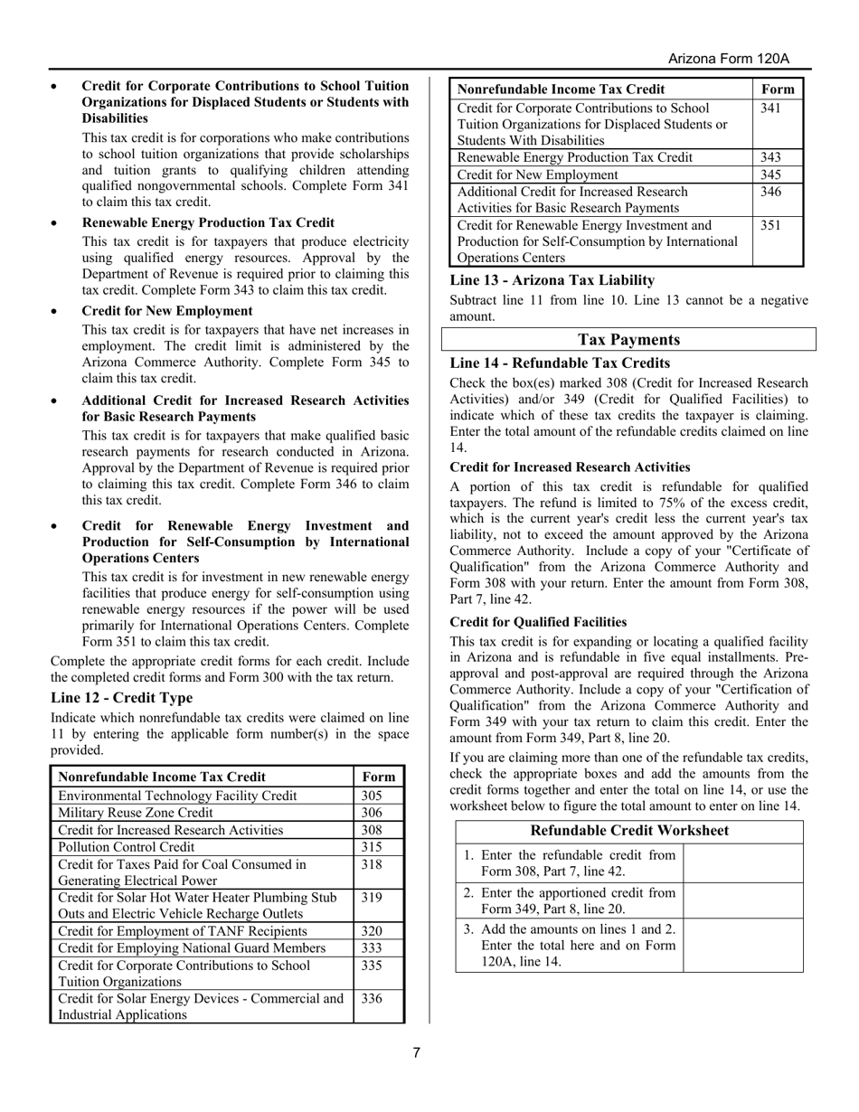 Download Instructions for Arizona Form 120A, ADOR10949 Arizona ...