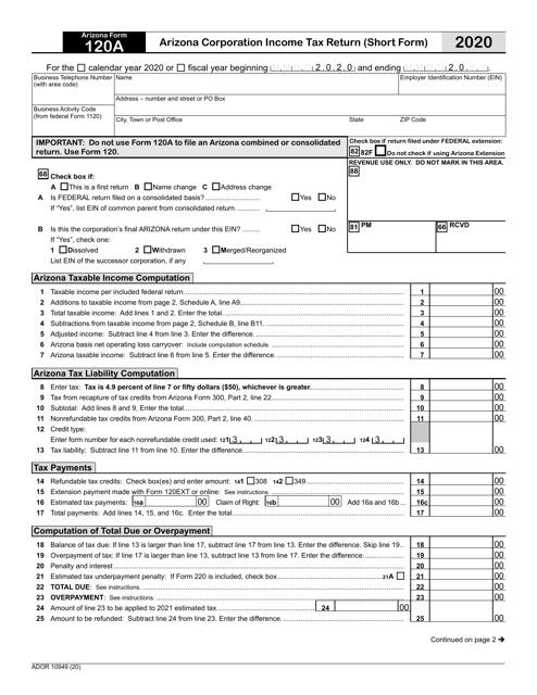 Arizona Form 120A (ADOR10949) Arizona Corporation Income Tax Return (Short Form) - Arizona, 2020