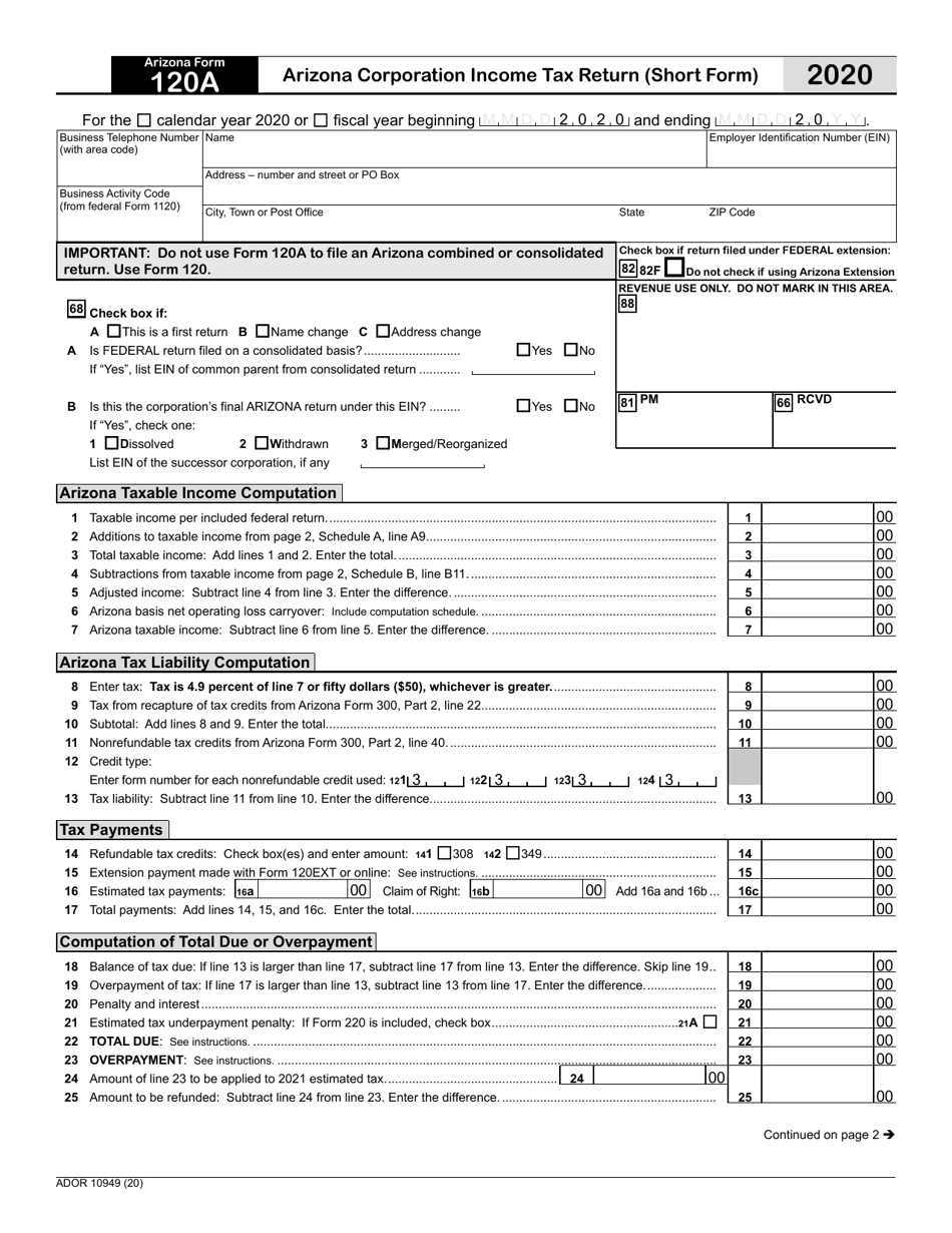 Arizona Form 120A (ADOR10949) Arizona Corporation Income Tax Return (Short Form) - Arizona, Page 1