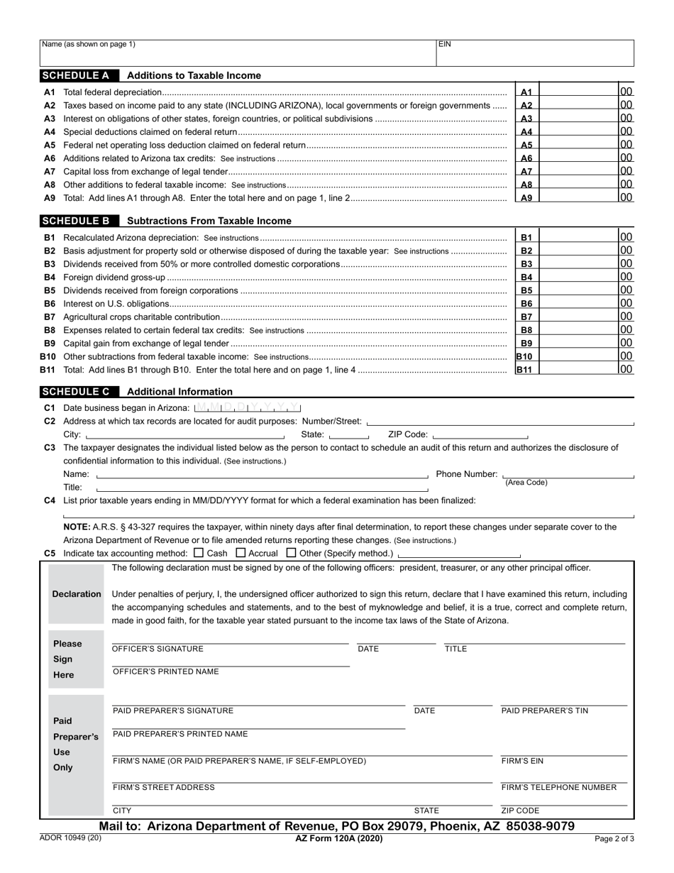 Arizona Form 120A (ADOR10949) 2020 Fill Out, Sign Online and