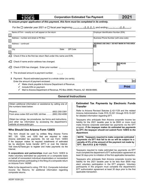 Arizona Form 120ES (ADOR10339) 2021 Printable Pdf