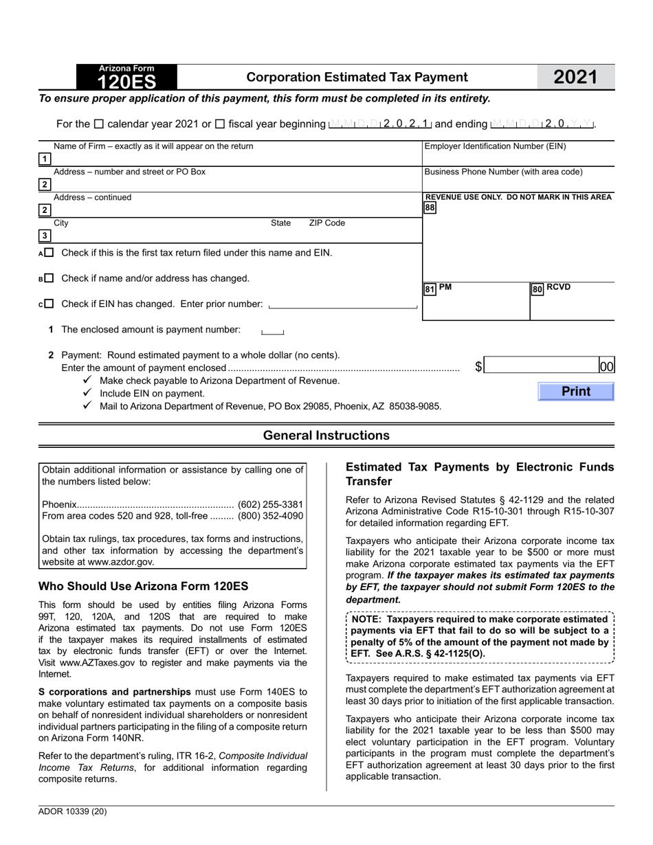 Arizona Form 120ES (ADOR10339) 2021 Fill Out, Sign Online and