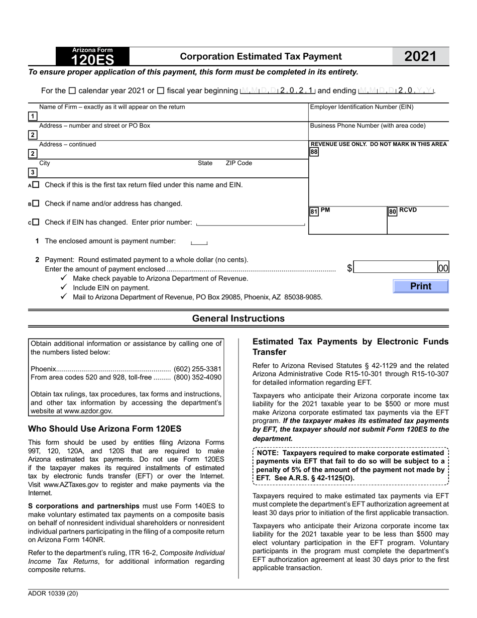 Arizona Form 120ES (ADOR10339) Corporation Estimated Tax Payment - Arizona, Page 1