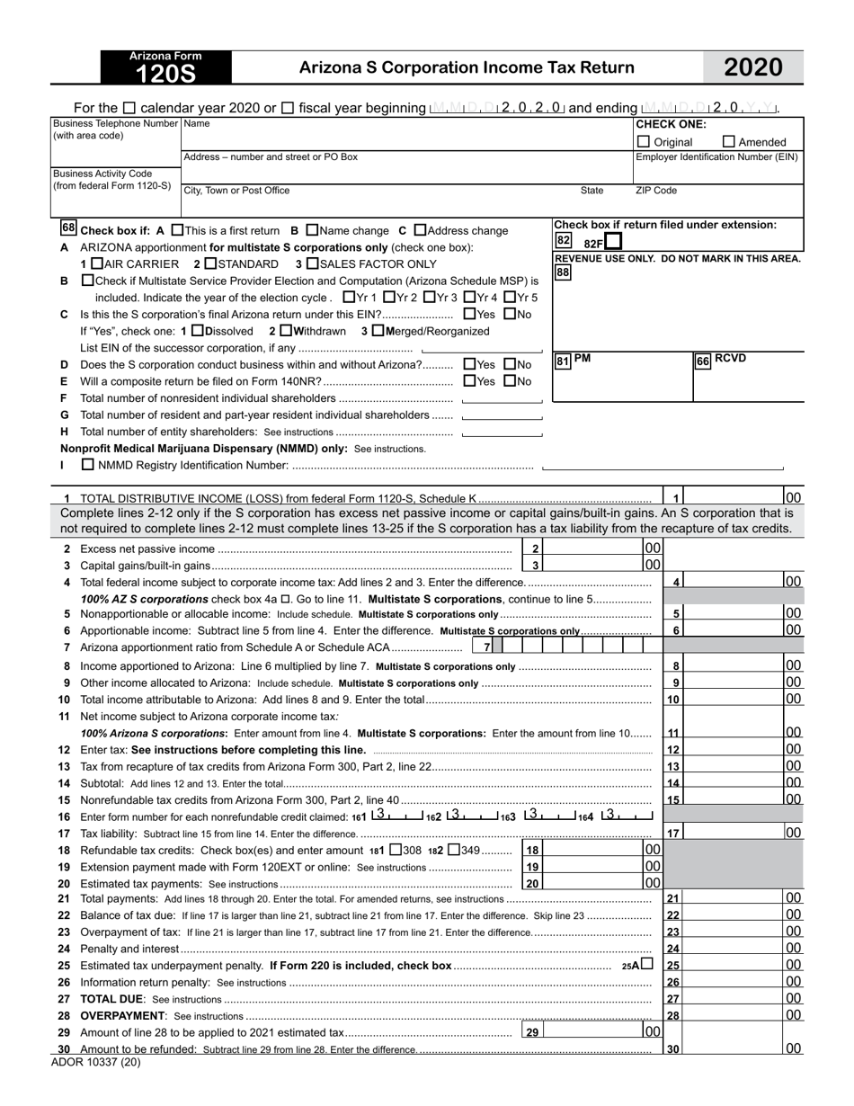 Arizona Form 120S (ADOR10337) Arizona S Corporation Income Tax Return - Arizona, Page 1