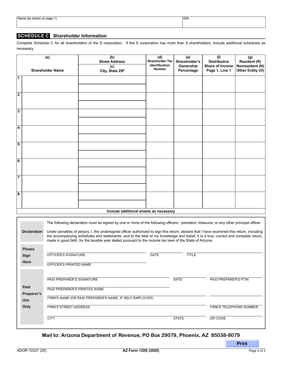 Arizona Form 120S (ADOR10337) Arizona S Corporation Income Tax Return - Arizona, Page 3