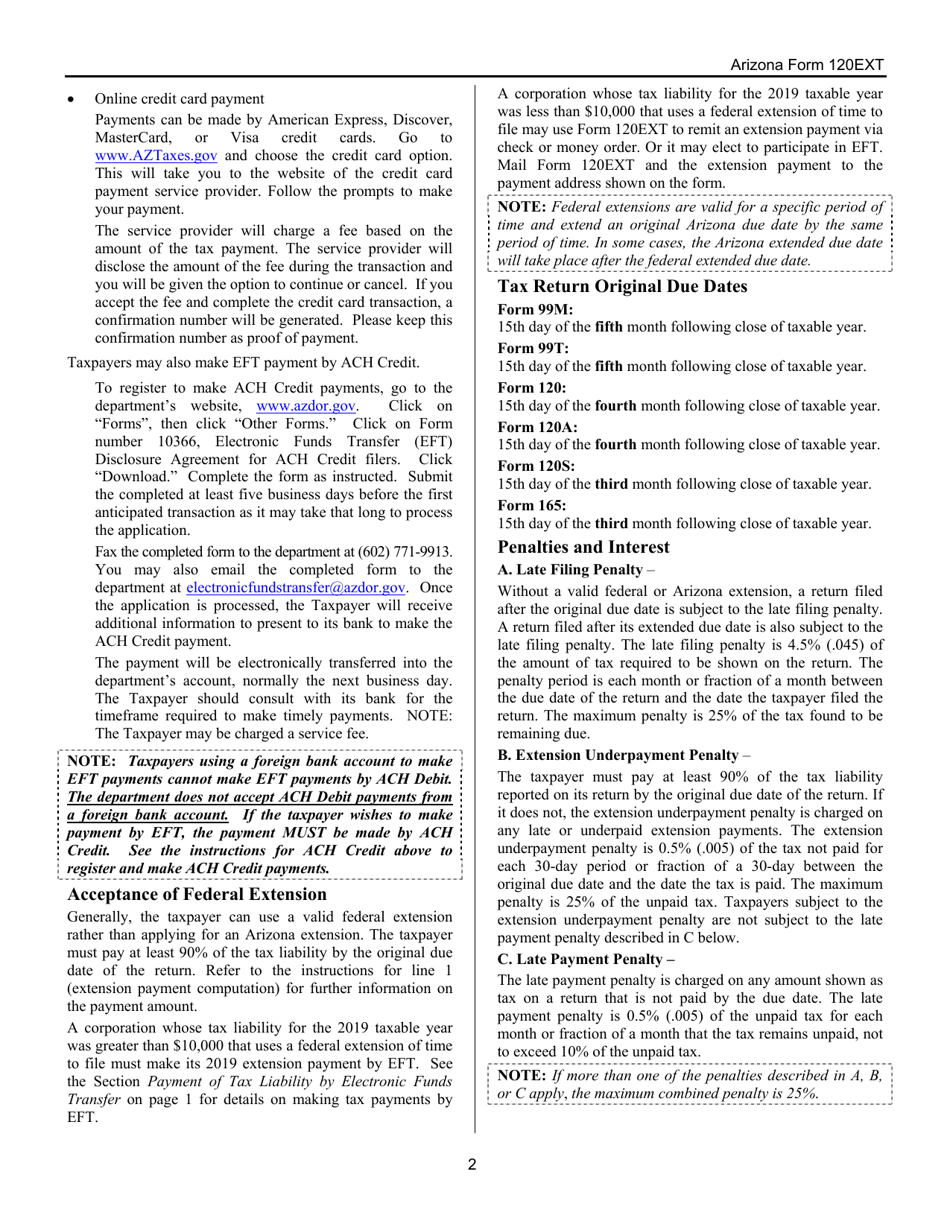 Instructions for Arizona Form 120EXT, ADOR10340 Application for Automatic Extension of Time to File Corporation, Partnership, and Exempt Organization Returns - Arizona, Page 2