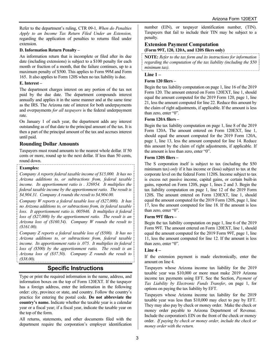 Instructions for Arizona Form 120EXT, ADOR10340 Application for Automatic Extension of Time to File Corporation, Partnership, and Exempt Organization Returns - Arizona, Page 3