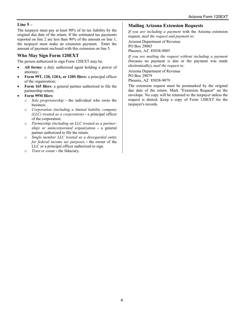 Instructions for Arizona Form 120EXT, ADOR10340 Application for Automatic Extension of Time to File Corporation, Partnership, and Exempt Organization Returns - Arizona, Page 4