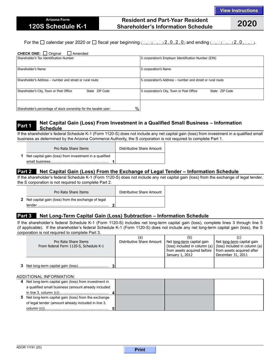 Arizona Form 120S (ADOR11191) Schedule K-1 - 2020 - Fill Out, Sign