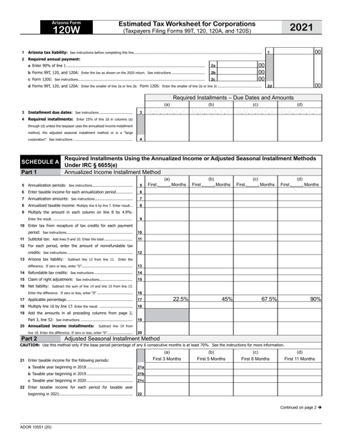 Arizona Form 120W (ADOR10551) Estimated Tax Worksheet for Corporations - Arizona, 2021