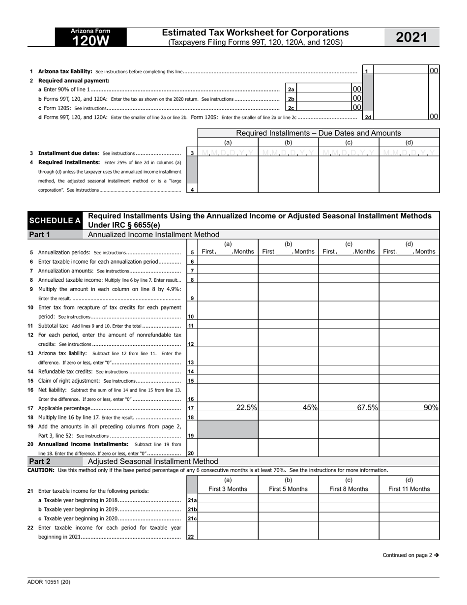 Arizona Form 120W (ADOR10551) Estimated Tax Worksheet for Corporations - Arizona, Page 1