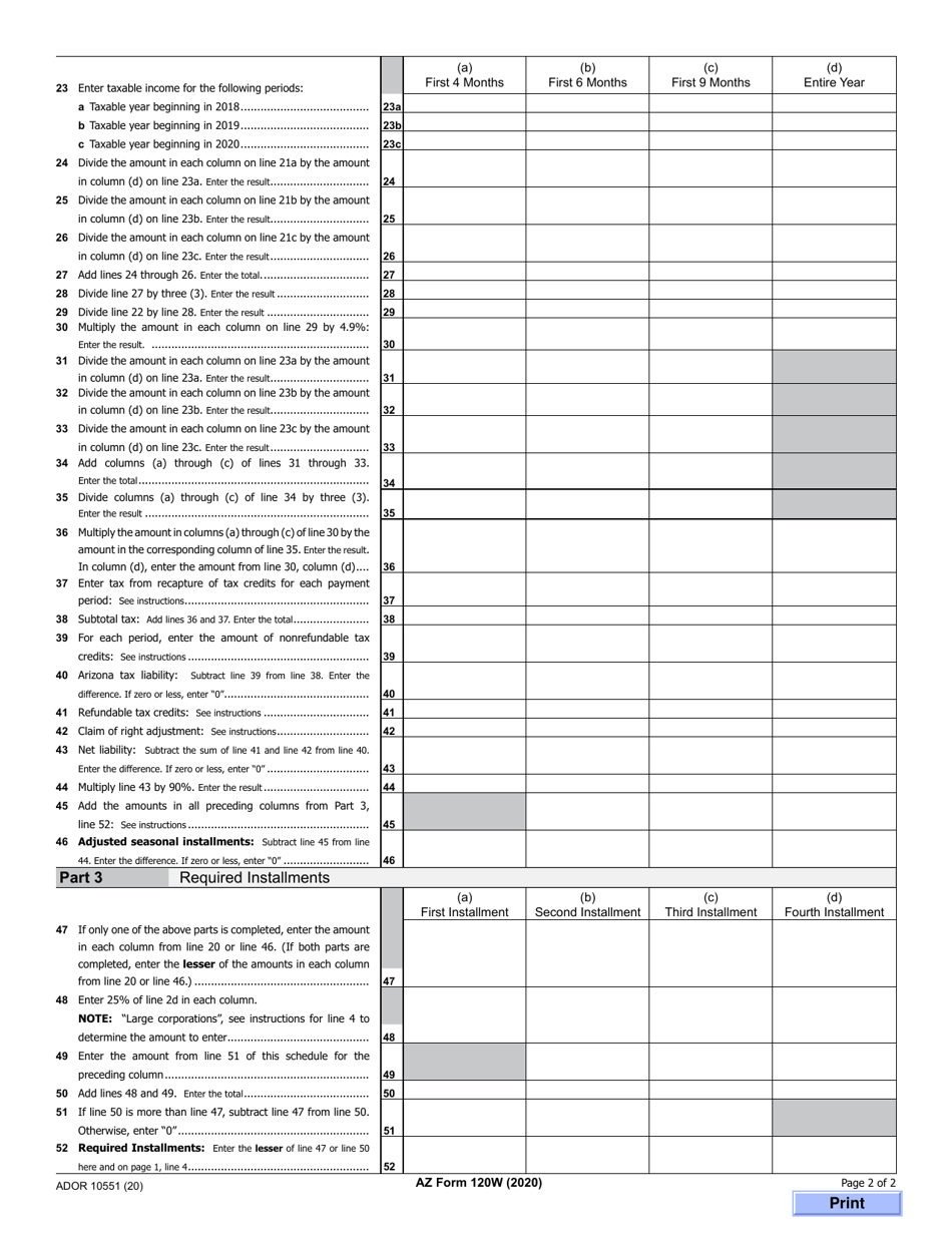 Arizona Form 120W (ADOR10551) Estimated Tax Worksheet for Corporations - Arizona, Page 2