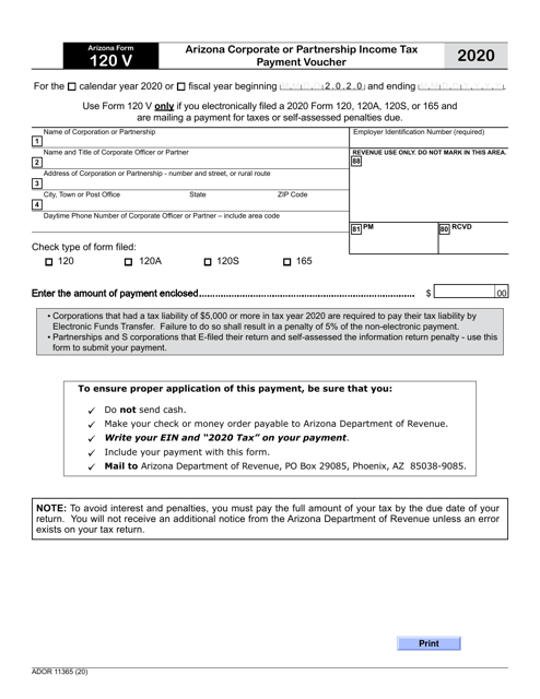 Arizona Form 120V (ADOR11365) Arizona Corporate or Partnership Income Tax Payment Voucher - Arizona, 2020