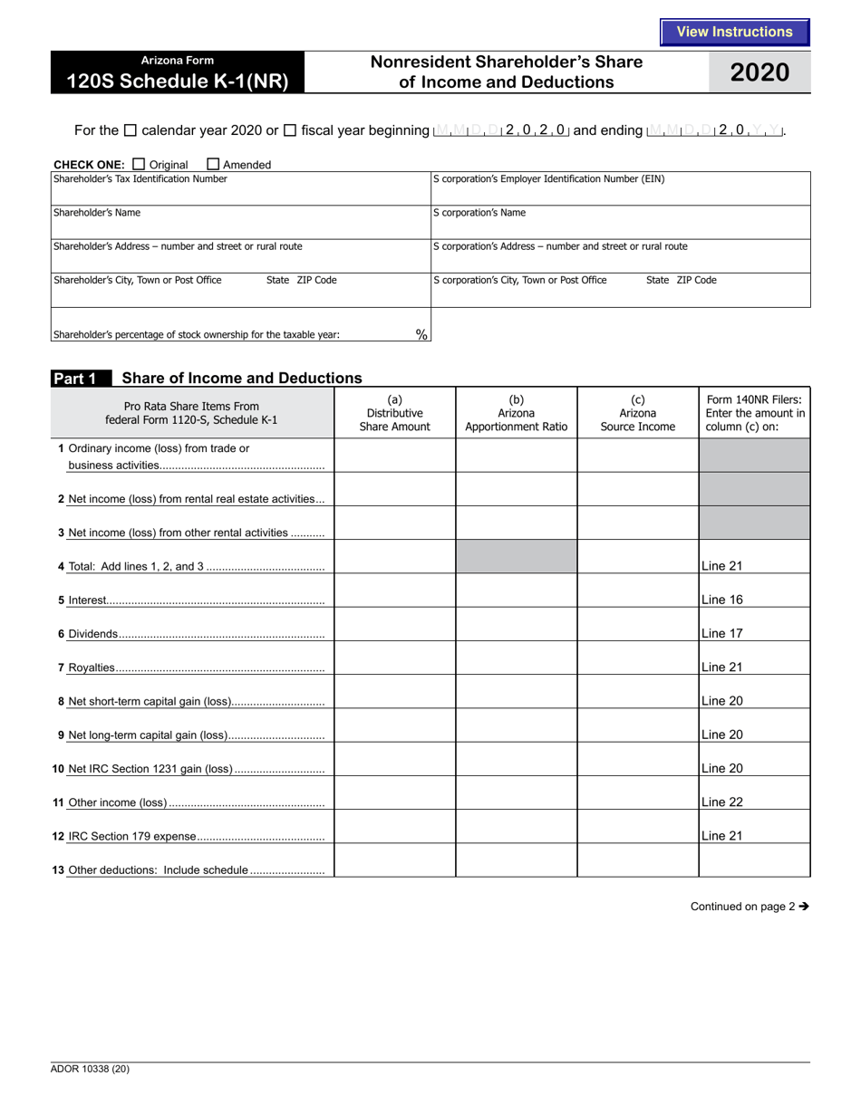 Arizona Form 120S (ADOR10338) Schedule K1(NR) 2020 Fill Out, Sign