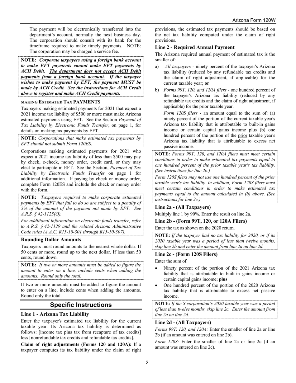 Download Instructions for Arizona Form 120W, ADOR10551 Estimated Tax
