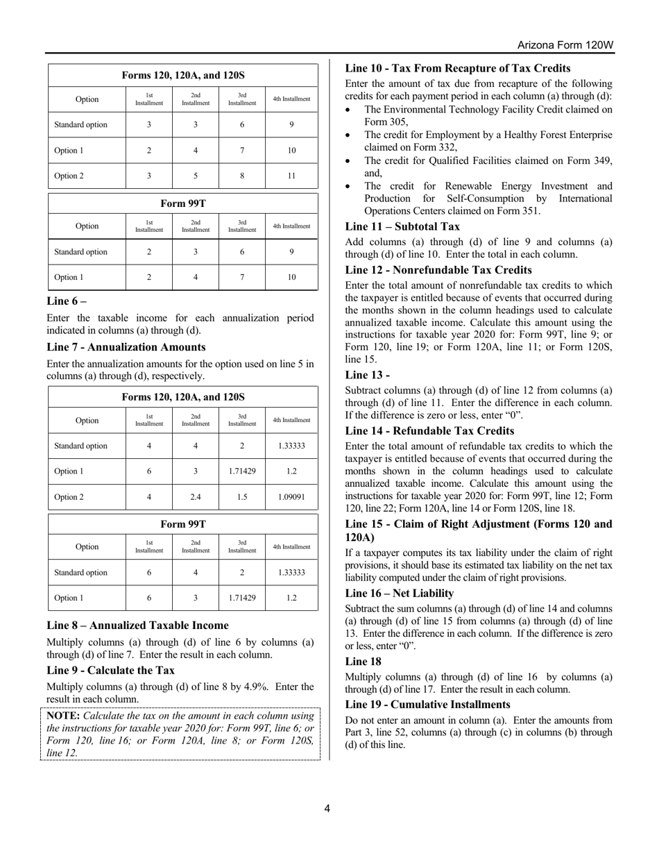 Download Instructions for Arizona Form 120W, ADOR10551 Estimated Tax