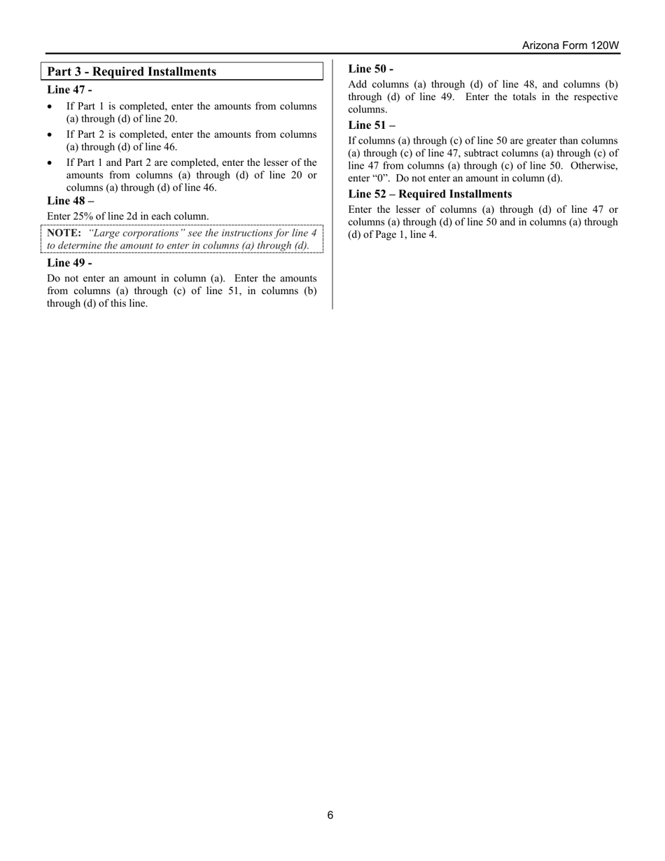 Instructions for Arizona Form 120W, ADOR10551 Estimated Tax Worksheet for Corporations - Arizona, Page 6