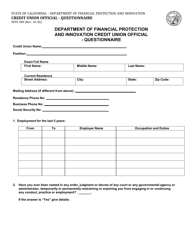 Document preview: Form DFPI-380 Credit Union Official - Questionnaire - California