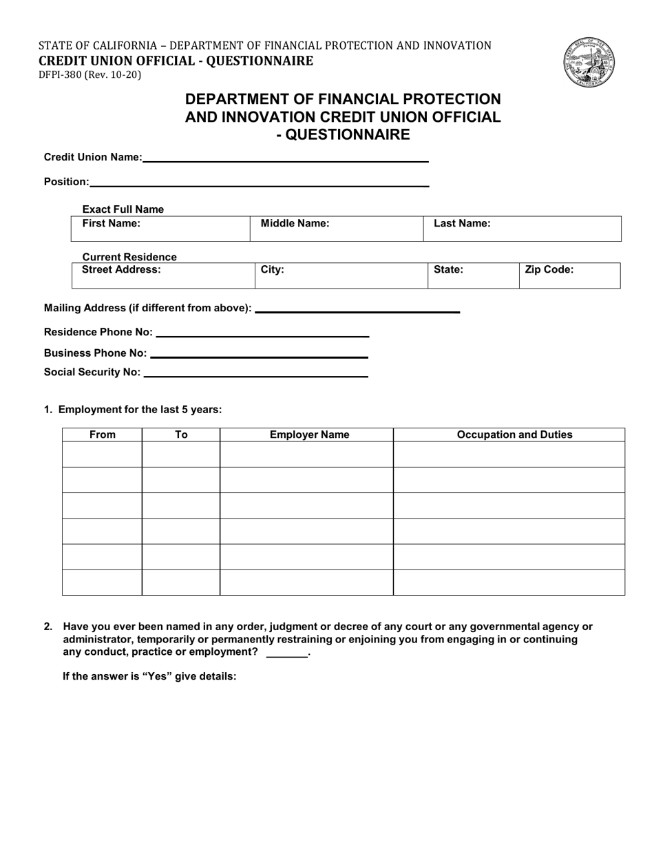 Form DFPI-380 Credit Union Official - Questionnaire - California, Page 1