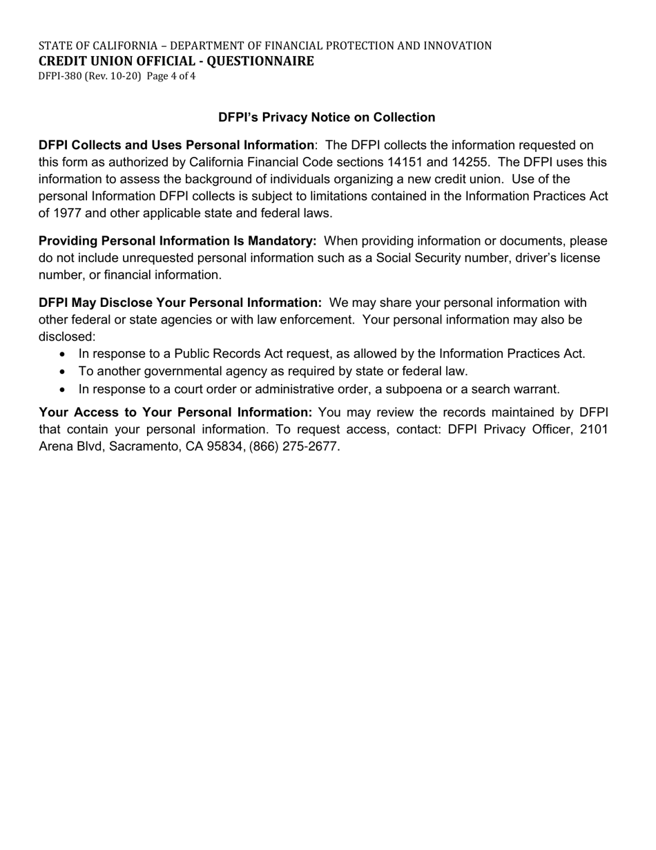 Form DFPI-380 Credit Union Official - Questionnaire - California, Page 4