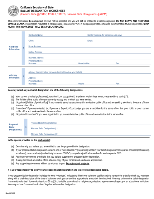 Ballot Designation Worksheet - California Download Pdf