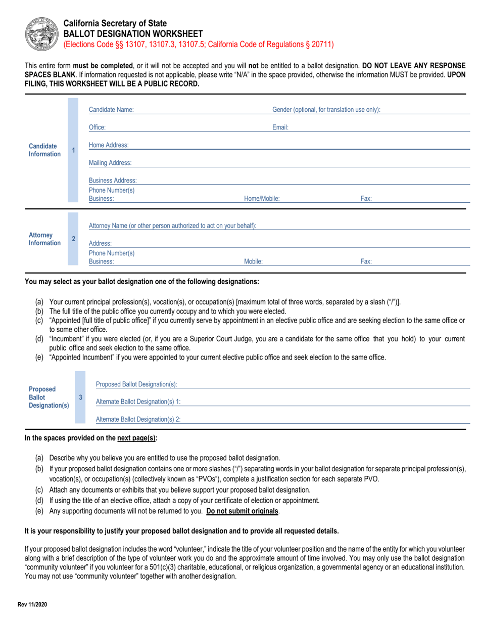 Ballot Designation Worksheet - California, Page 1