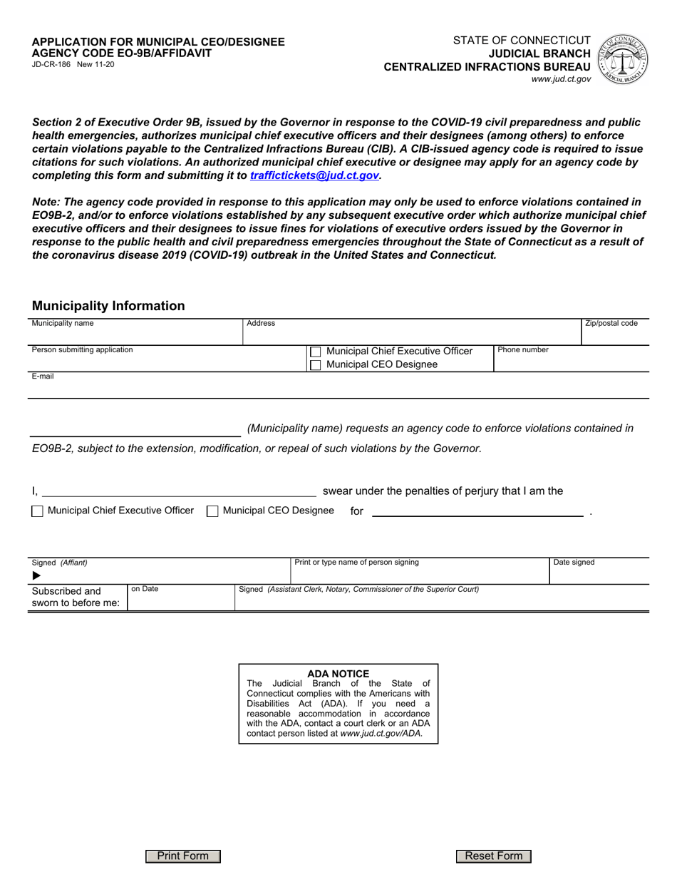 Form JD-CR-186 Application for Municipal Ceo / Designee Agency Code Eo-9b / Affidavit - Connecticut, Page 1
