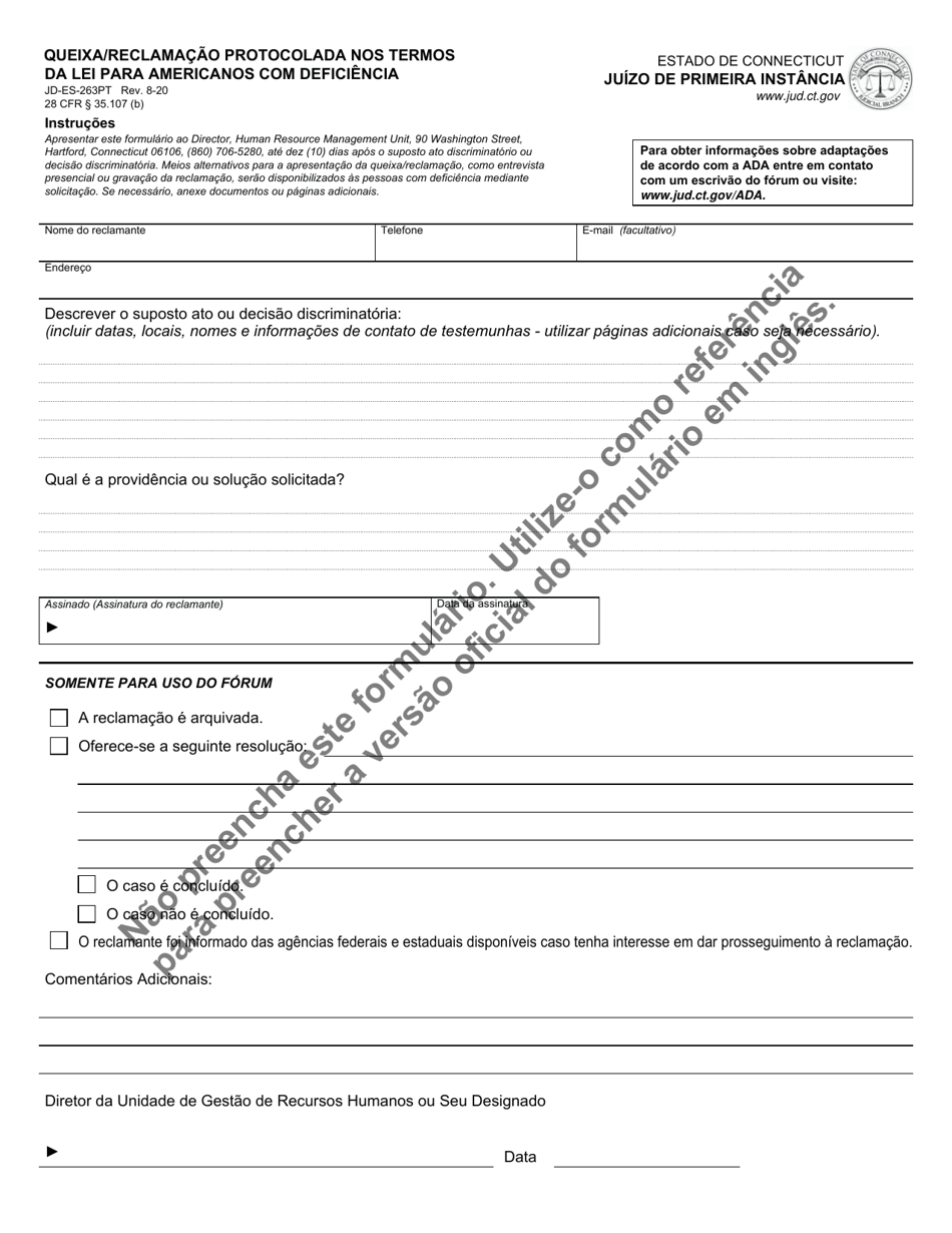 Form JD-ES-263PT Grievance / Complaint Filed Under Americans With Disabilities Act (Ada) - Connecticut (Portuguese), Page 1