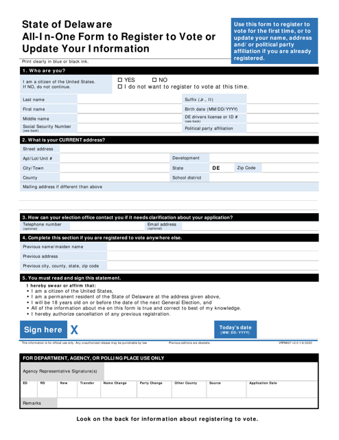 Form VRFM07 All-in-one Form to Register to Vote or Update Your Information - Delaware