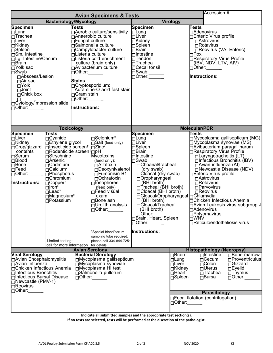 Form CF.ACC.8.5 Poultry / Avian Submission Form - Alabama, Page 2