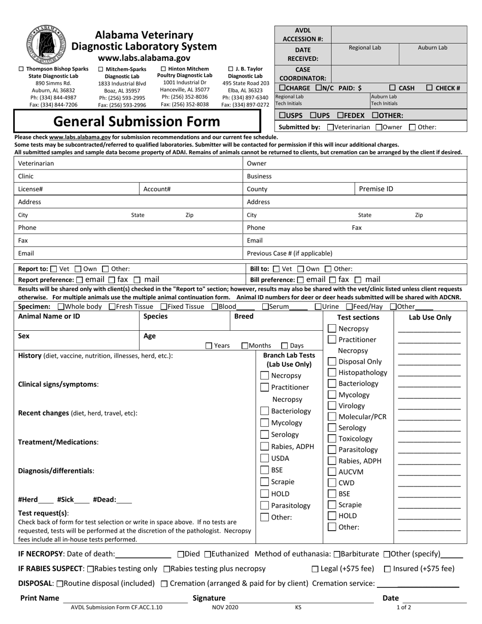 AVDL Form CF.ACC.1.10 General Submission Form - Alabama, Page 1