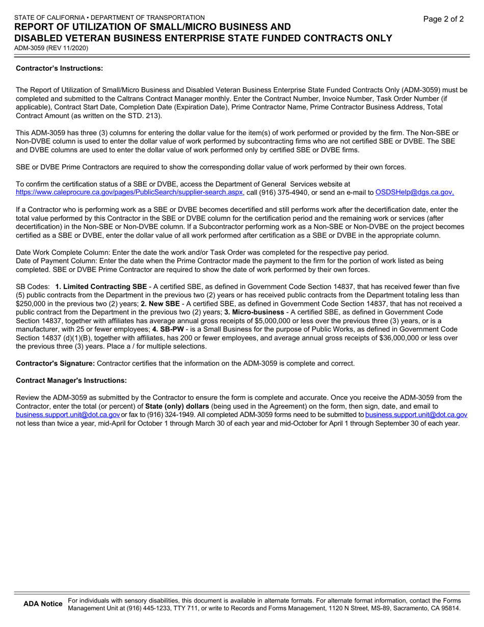 Form ADM-3059 Report of Utilization of Small / Micro Business and Disabled Veteran Business Enterprise State Funded Contracts Only - California, Page 2