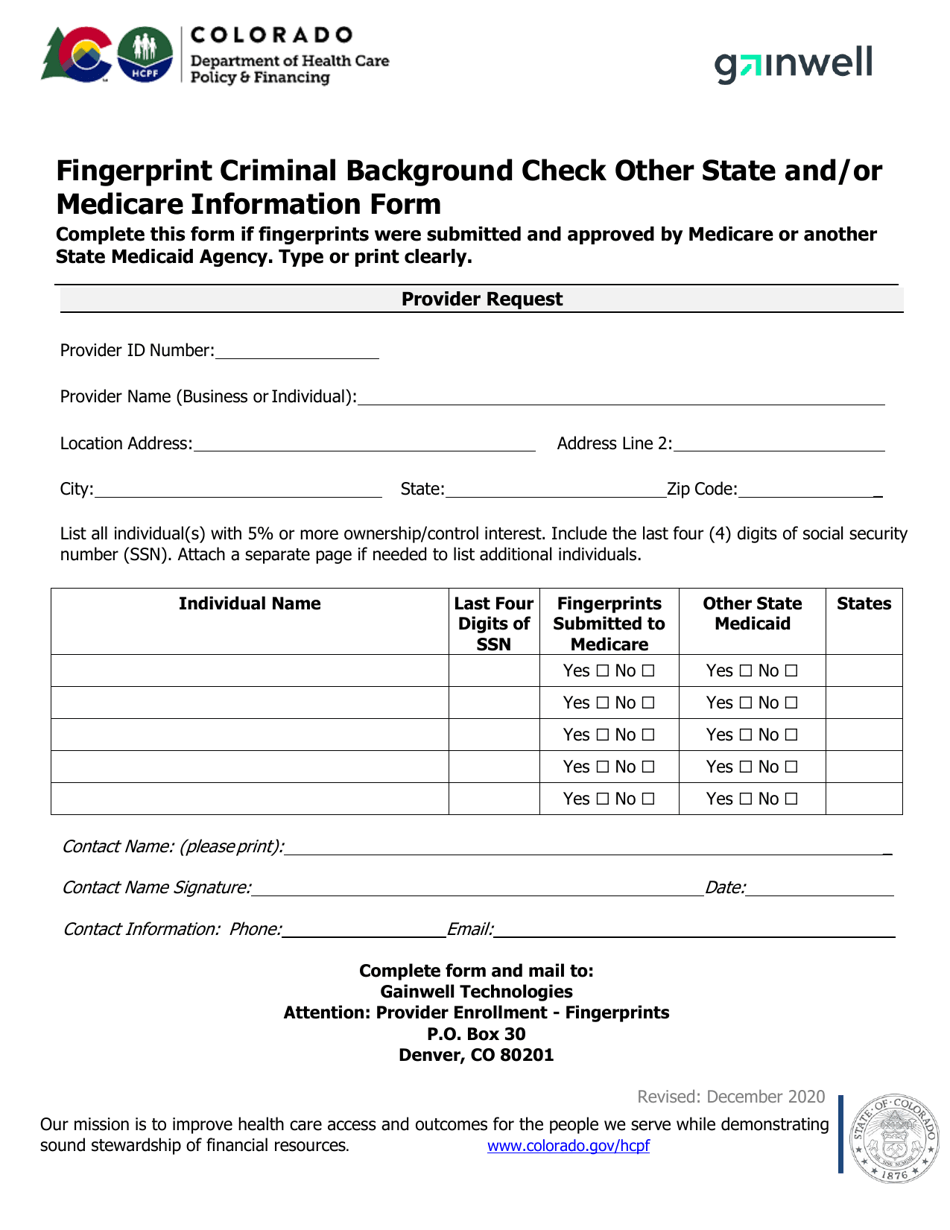 Fingerprint Criminal Background Check Other State and / or Medicare Information Form - Colorado, Page 1