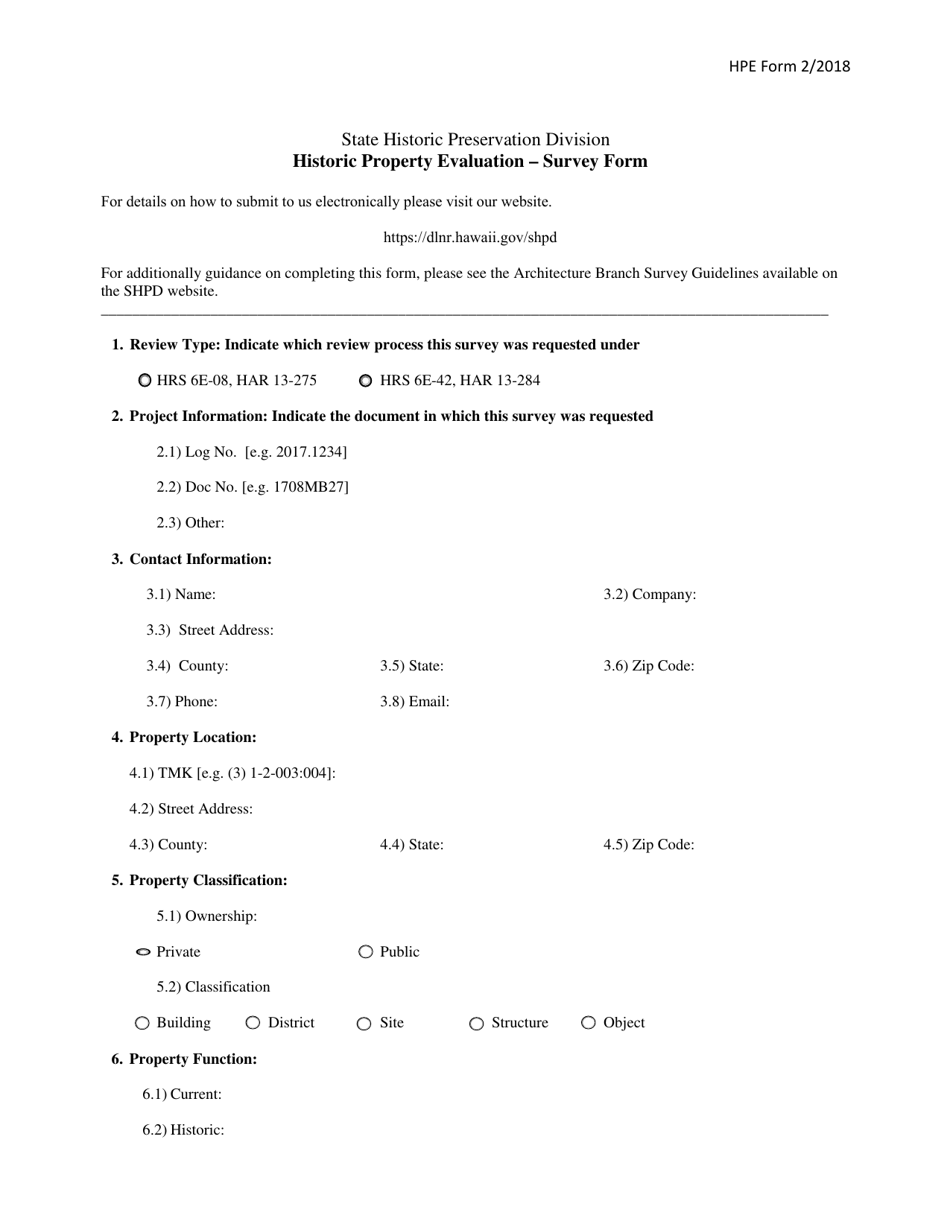 Historic Property Evaluation - Survey Form - Hawaii, Page 1