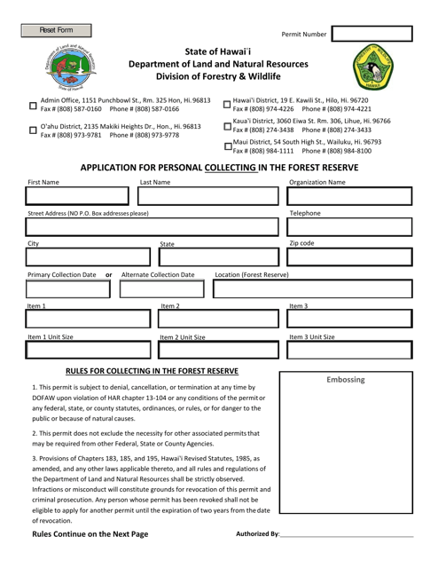 Application for Personal Collecting in the Forest Reserve - Hawaii Download Pdf