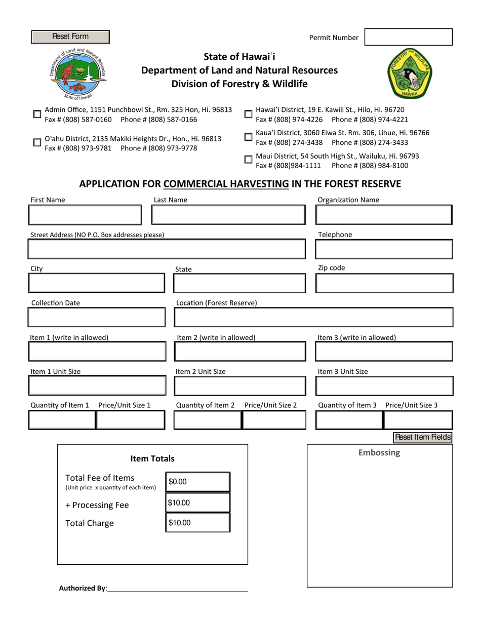 Application for Commercial Harvesting in the Forest Reserve - Hawaii, Page 1