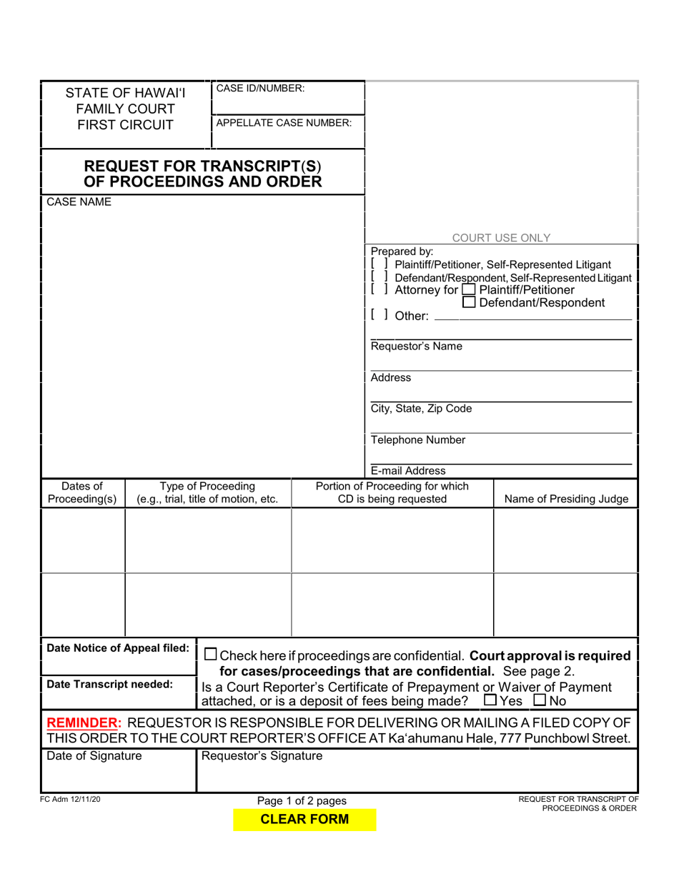 Request for Transcript(S) of Proceedings and Order - Hawaii, Page 1