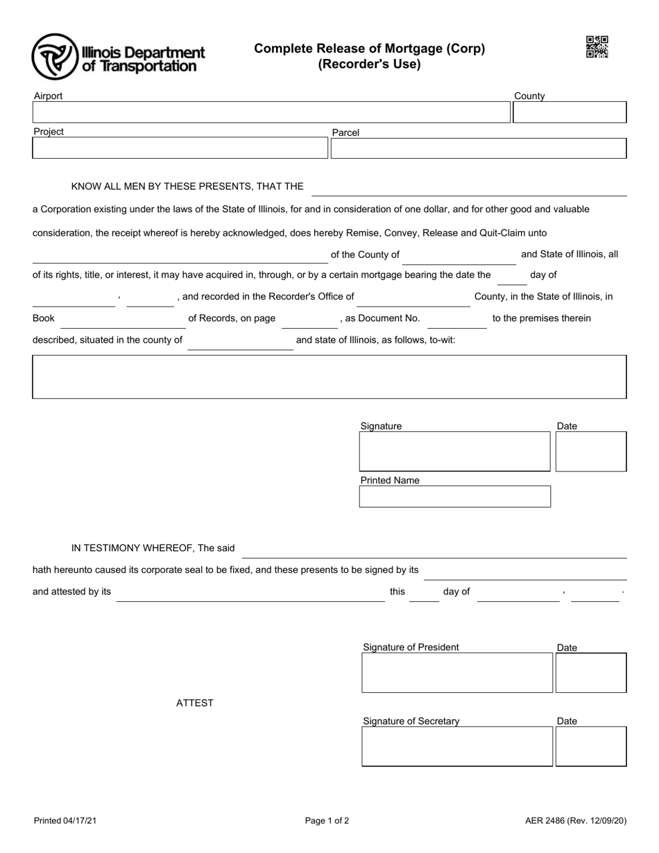 Form AER2486 Complete Release of Mortgage (Corp) - Illinois, Page 1